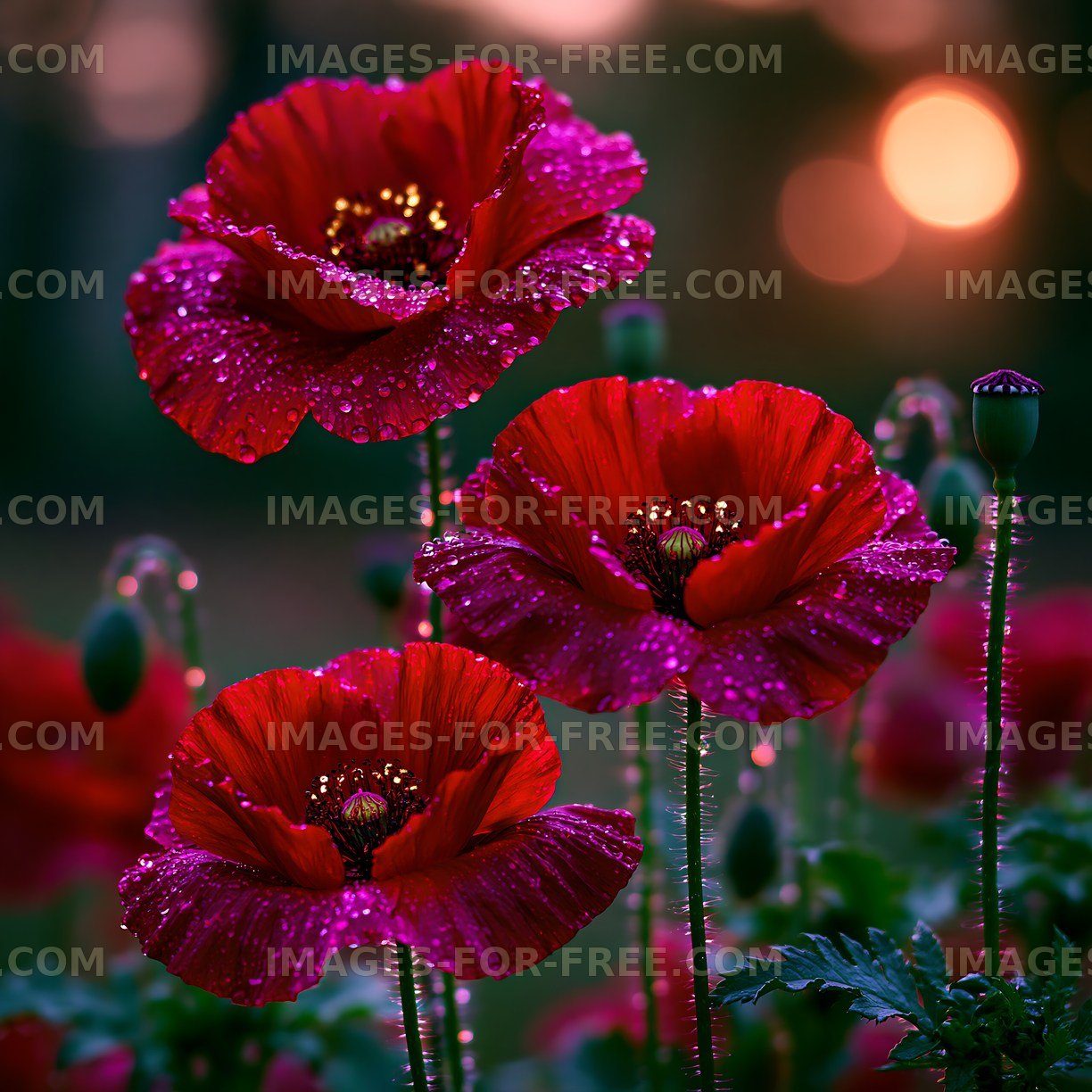 Red poppies with dewdrops at sunset in a garden