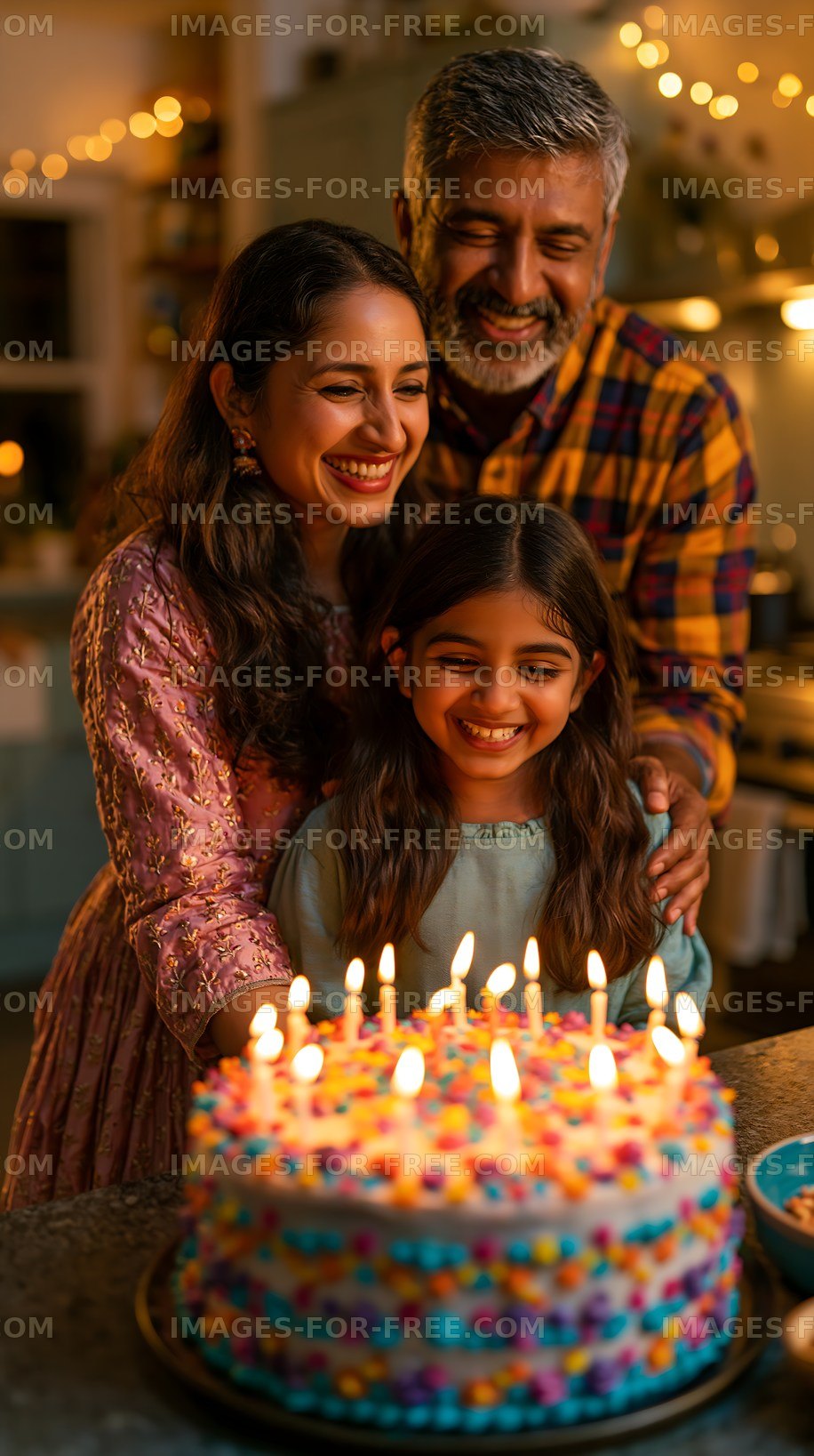Family celebration around a birthday cake with candles