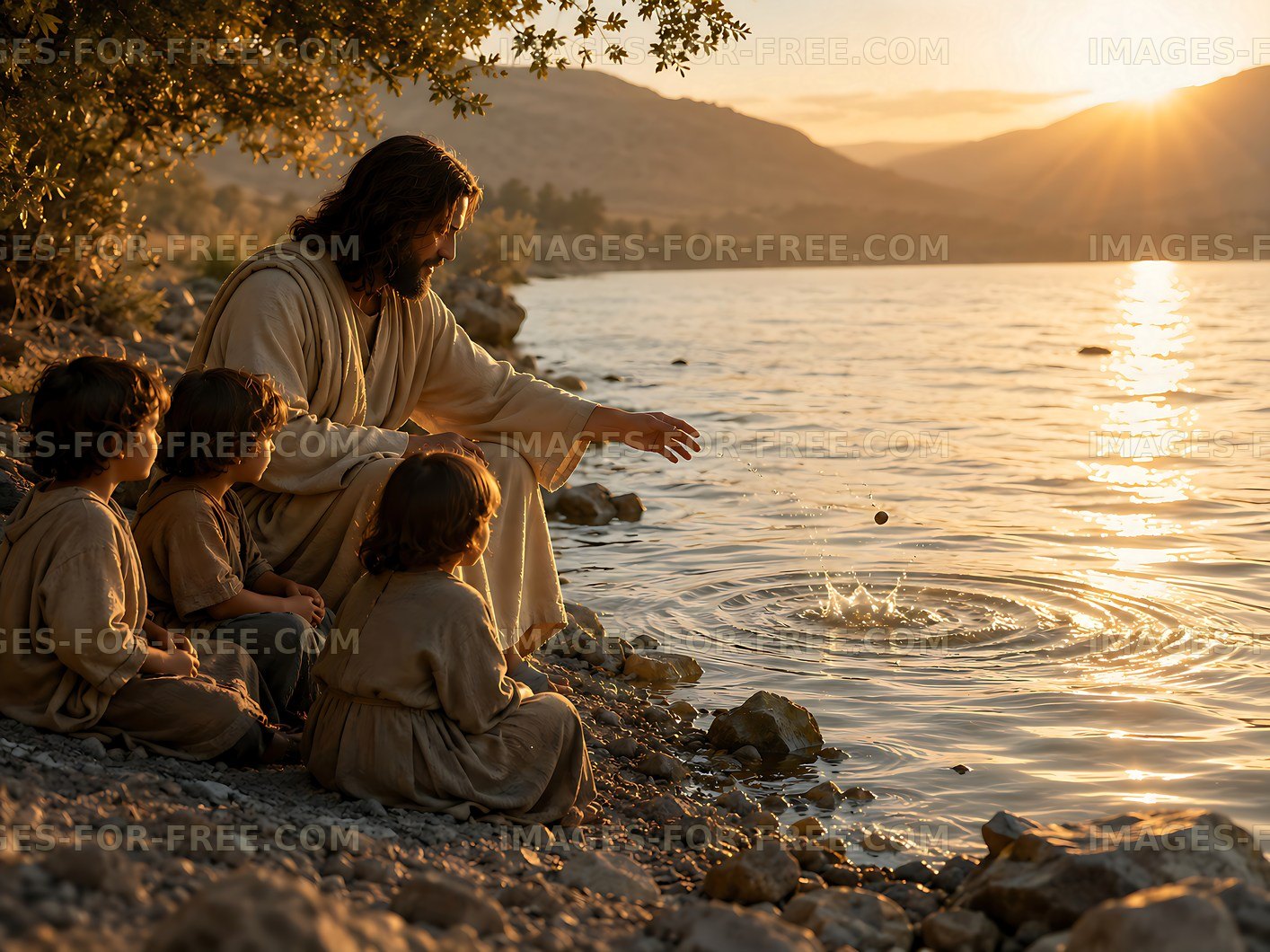 Jesus teaches children by the river at sunset