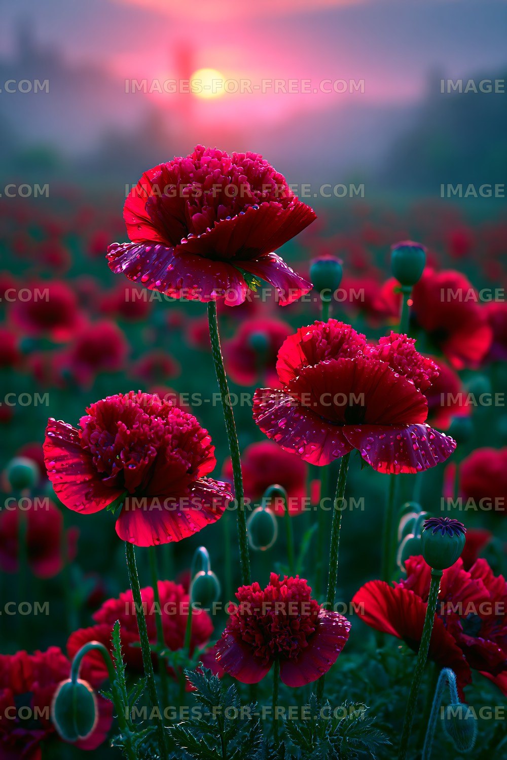Red poppies bloom in a field at sunset