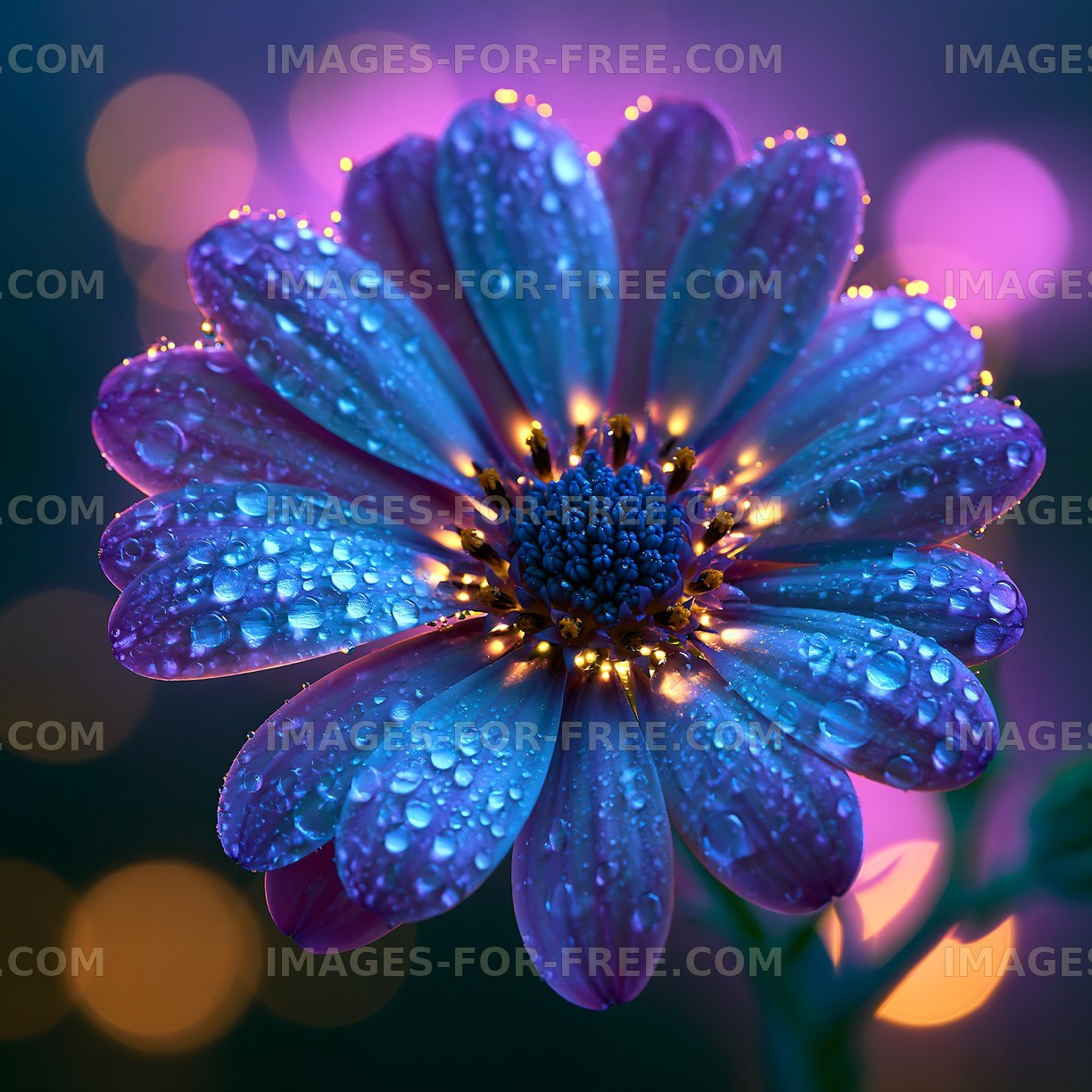 Bright flower with droplets under colorful lights