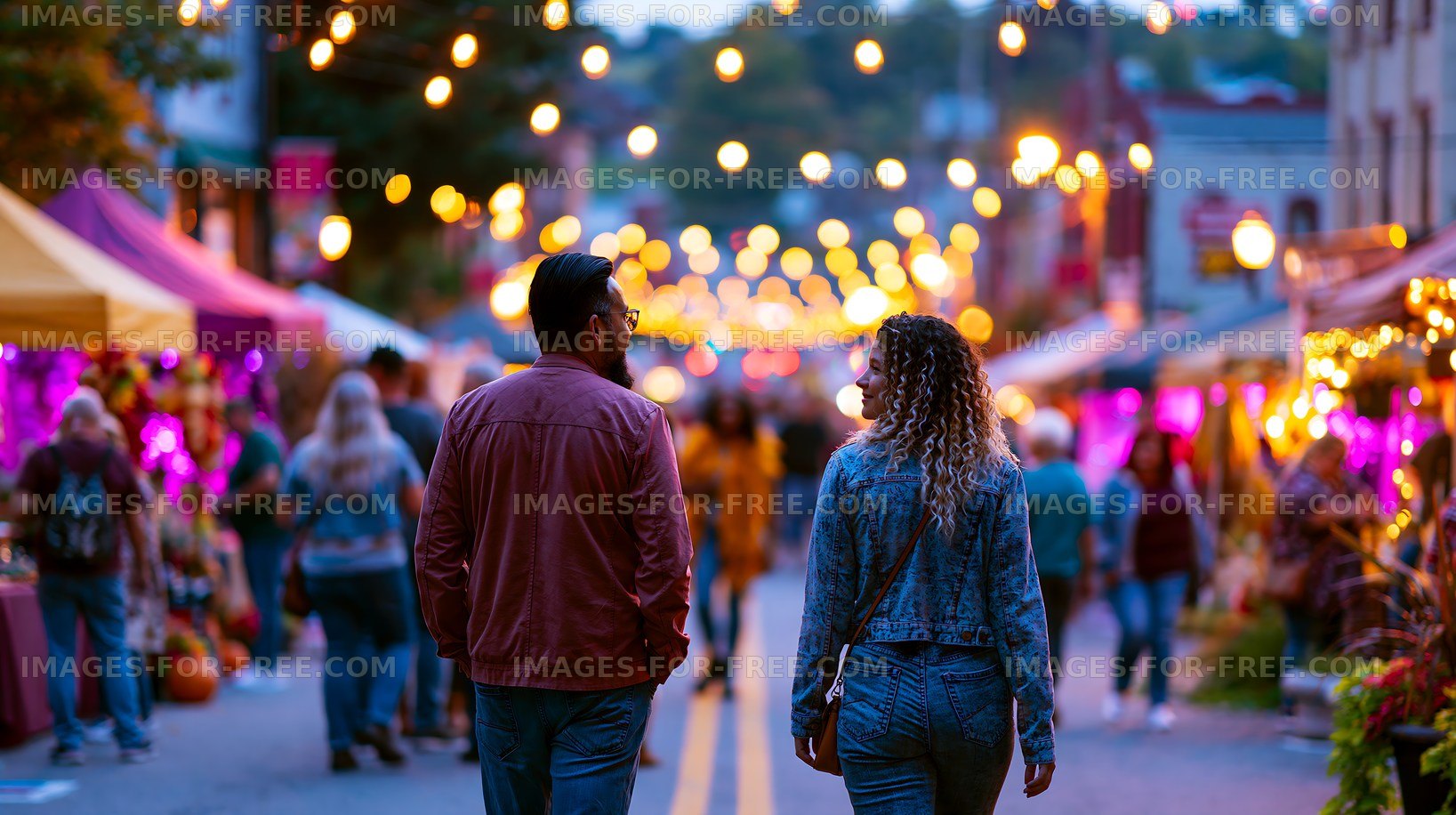 Couple walking through festive street market at night