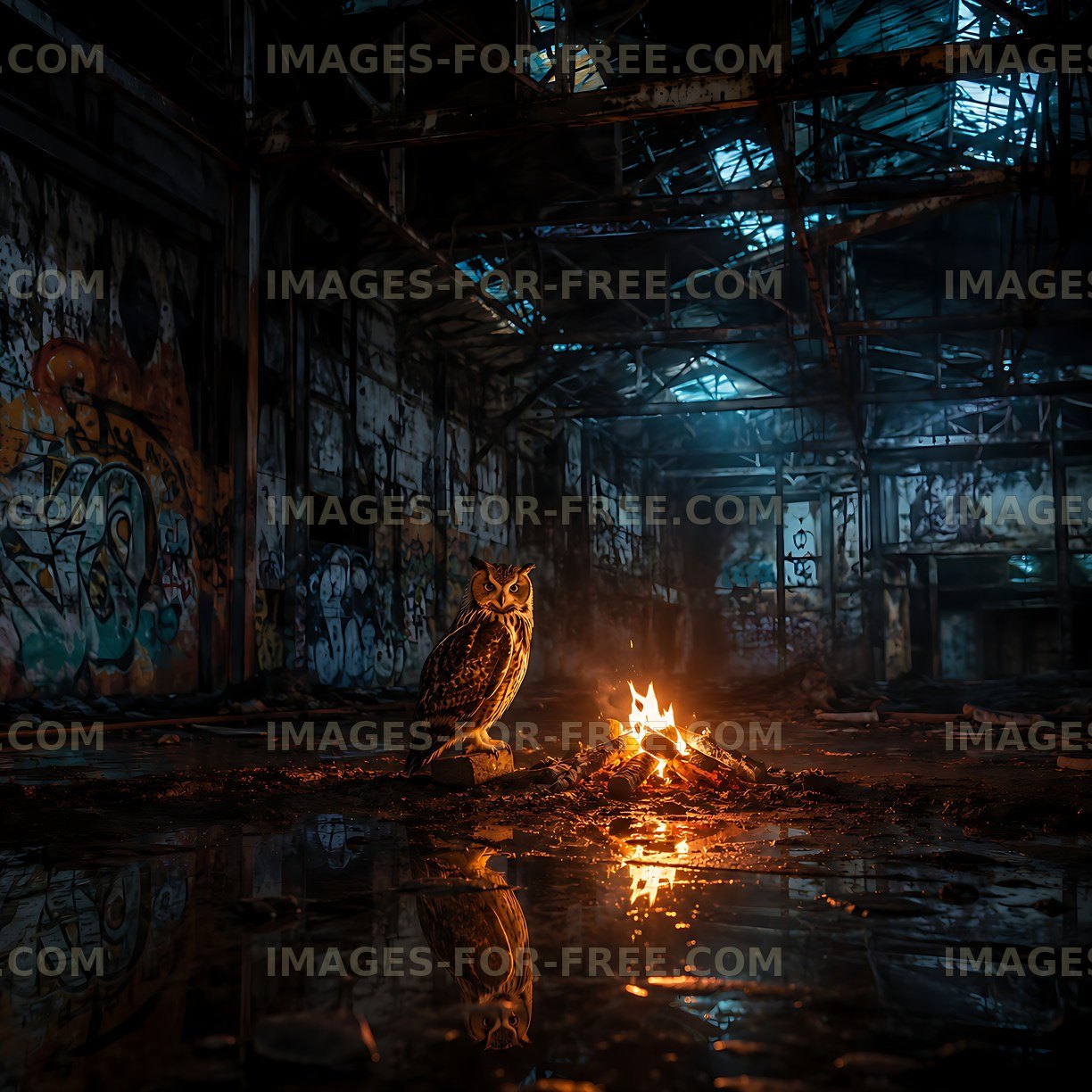 Owl near fire in abandoned industrial building