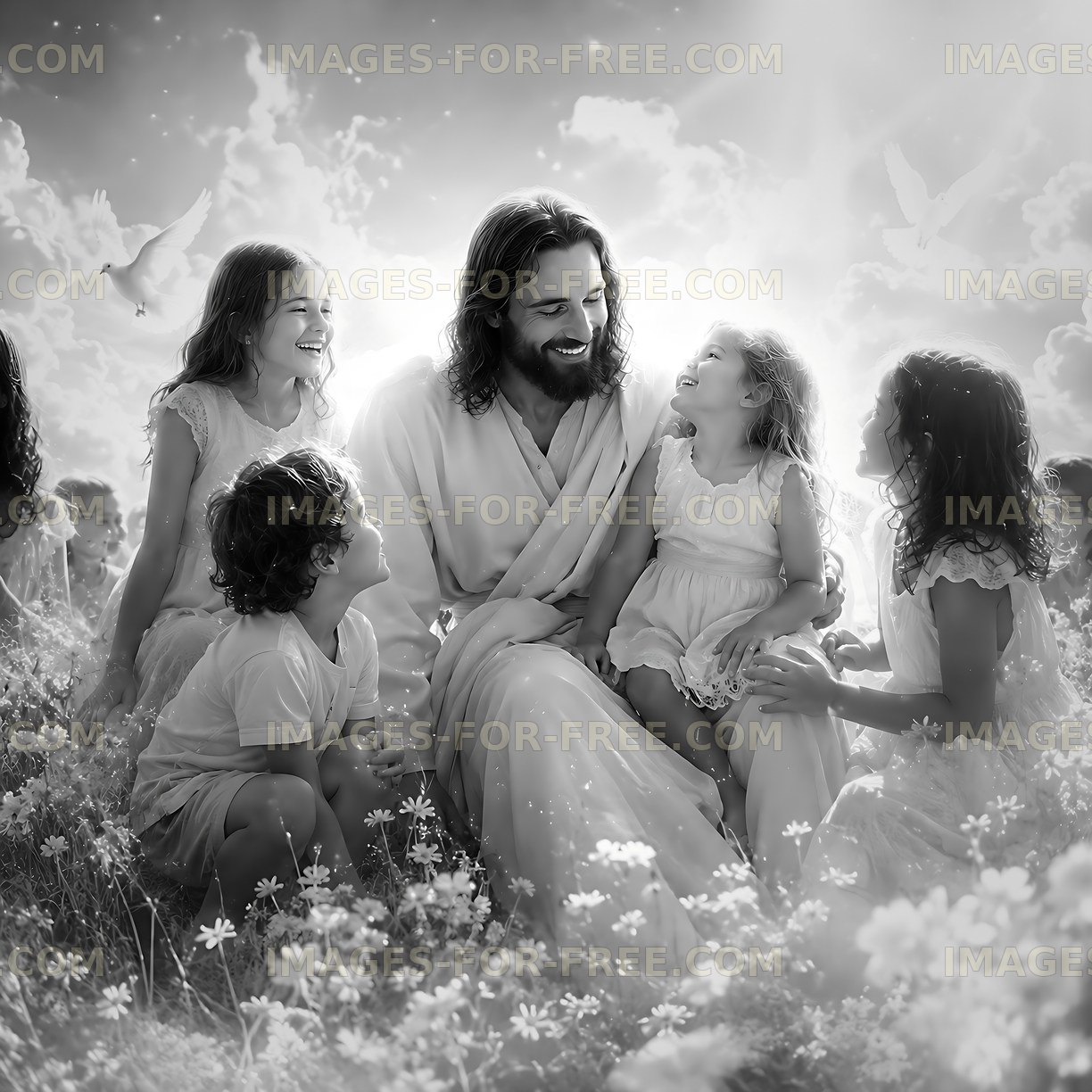 Jesus with children in a floral field