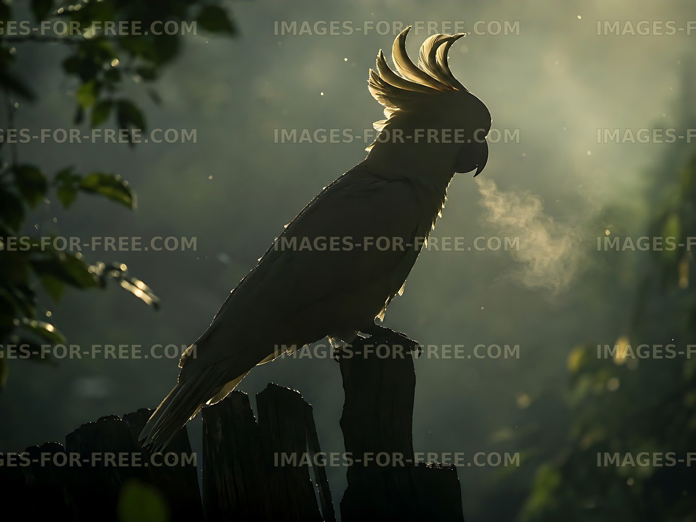 Silhouette of a cockatoo perched on a wooden stump