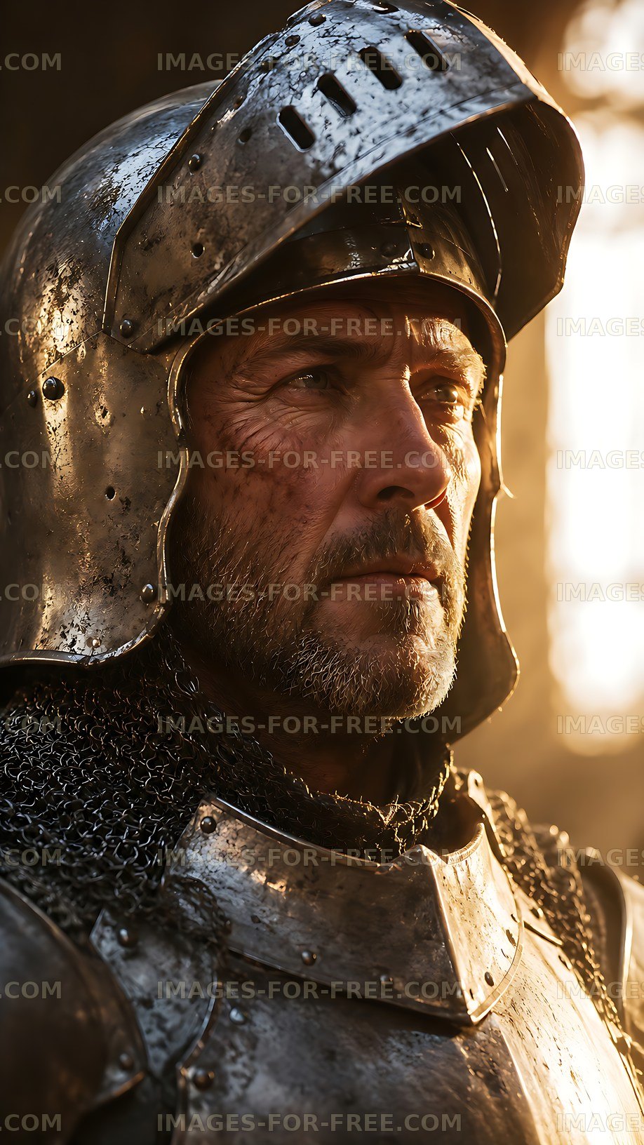 Knight in armor with chainmail under warm sunlight