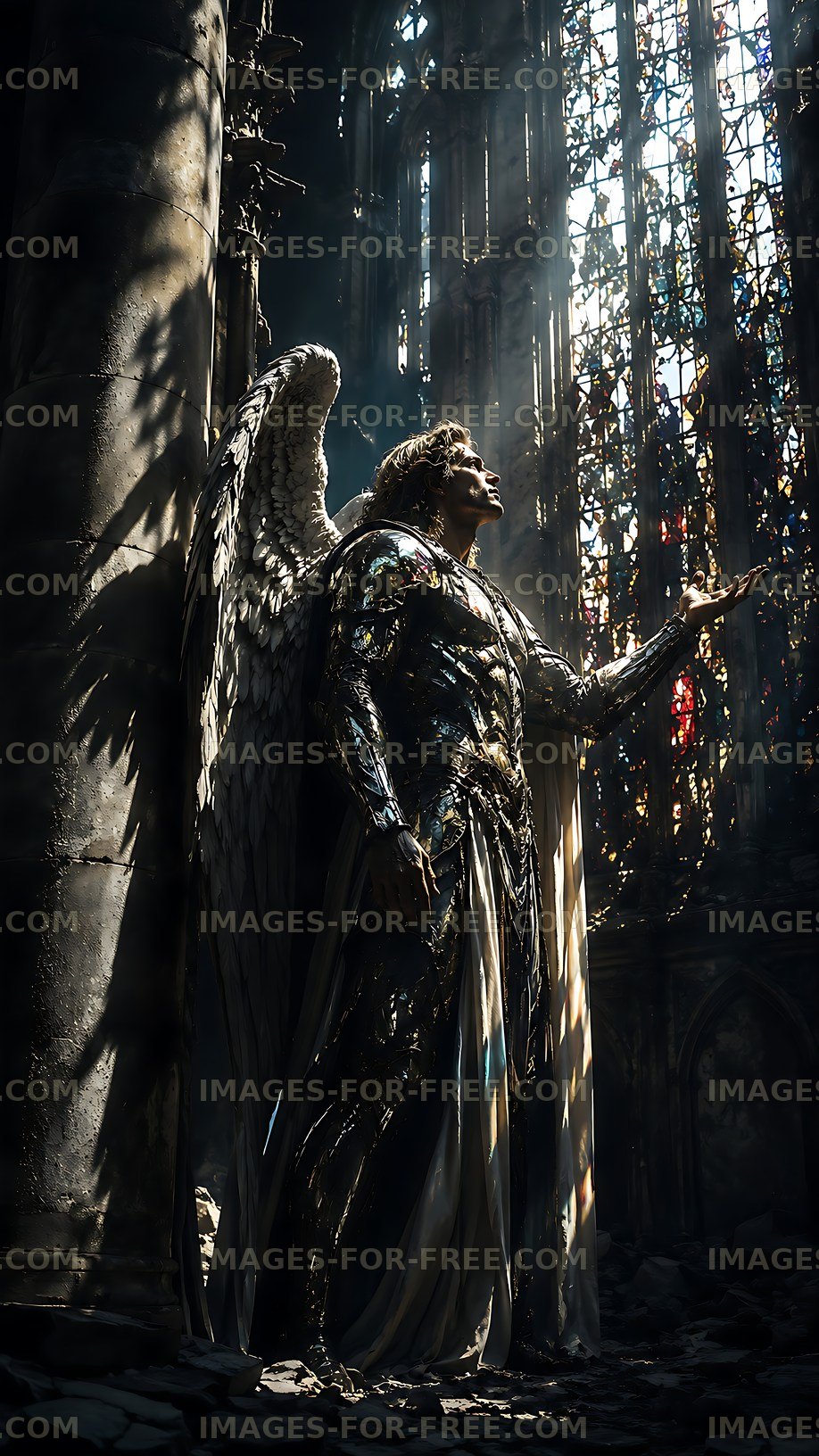 Angelic figure in a ruined cathedral with broken stained glass