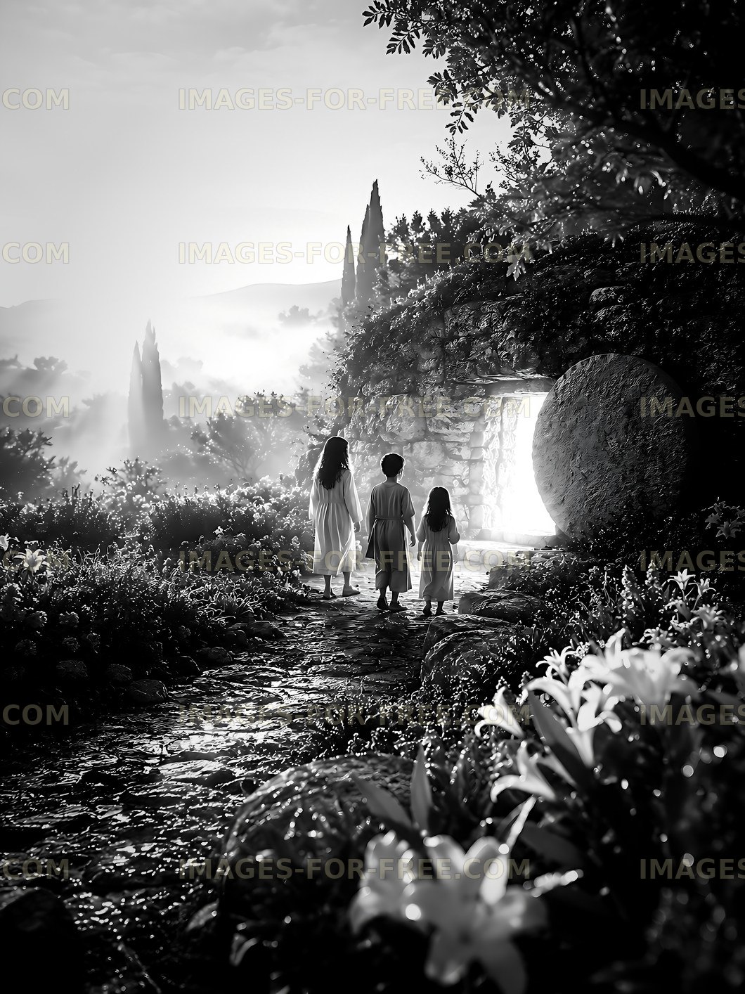 Children walking on a path in a garden at dawn