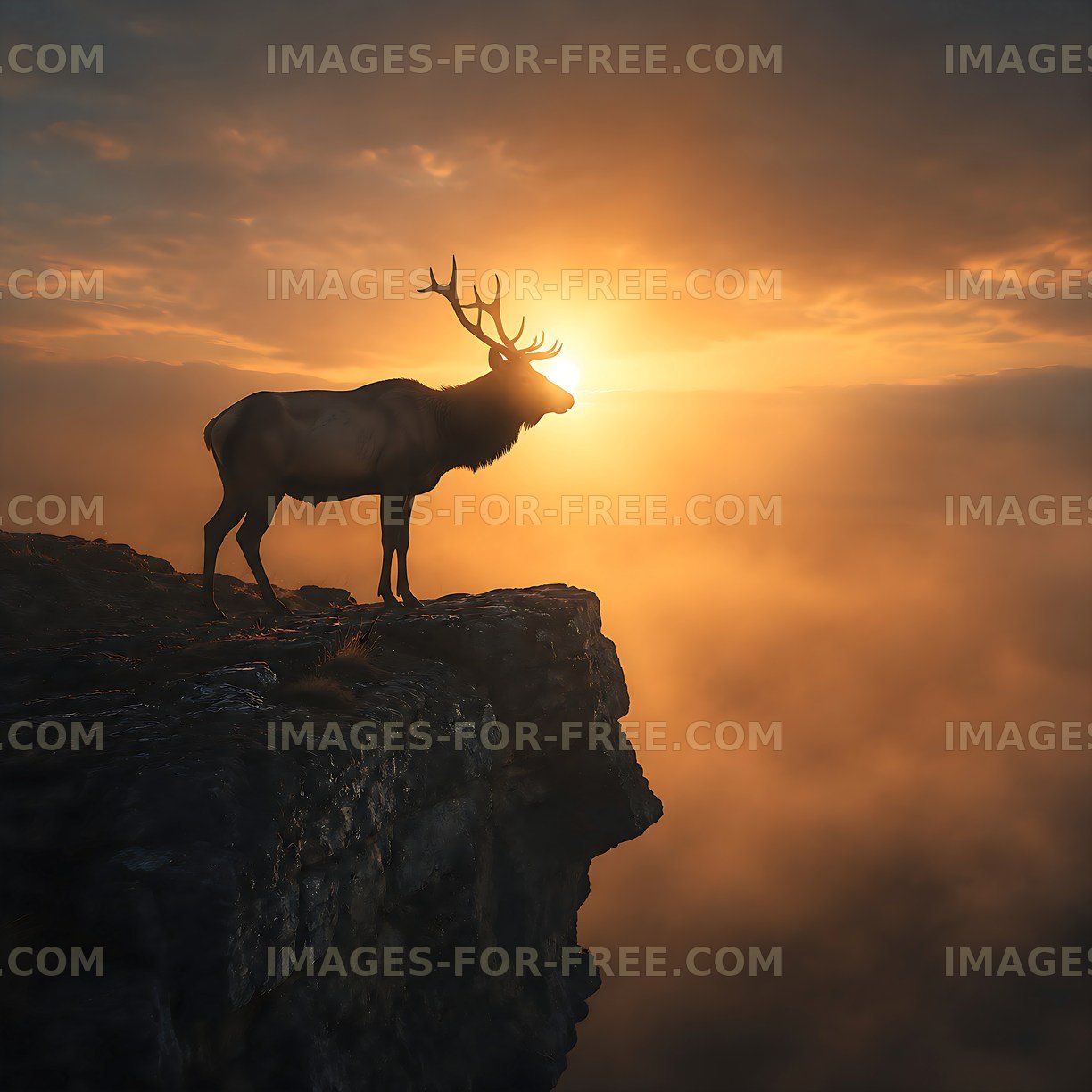 Elk silhouette at sunrise by calm water