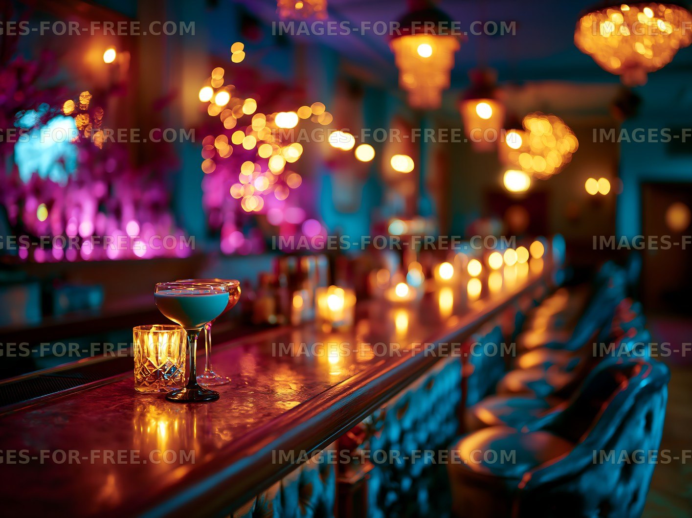 Elegantly lit bar scene with cocktails and candles