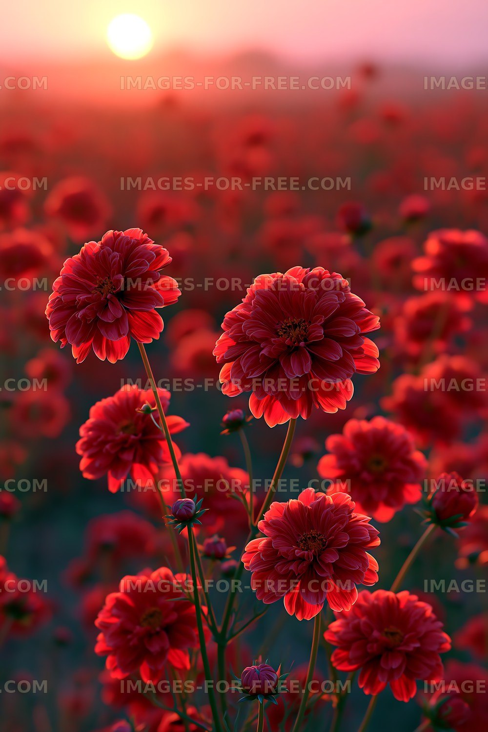 Flowers bloom in a field at sunset