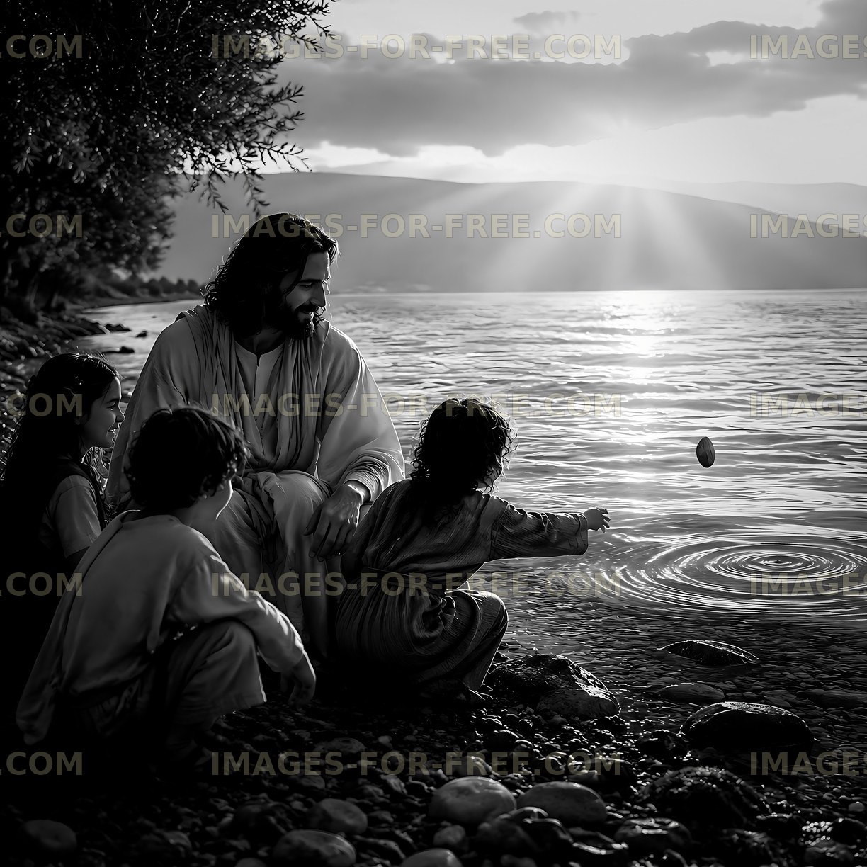 Jesus with children by the water at sunset
