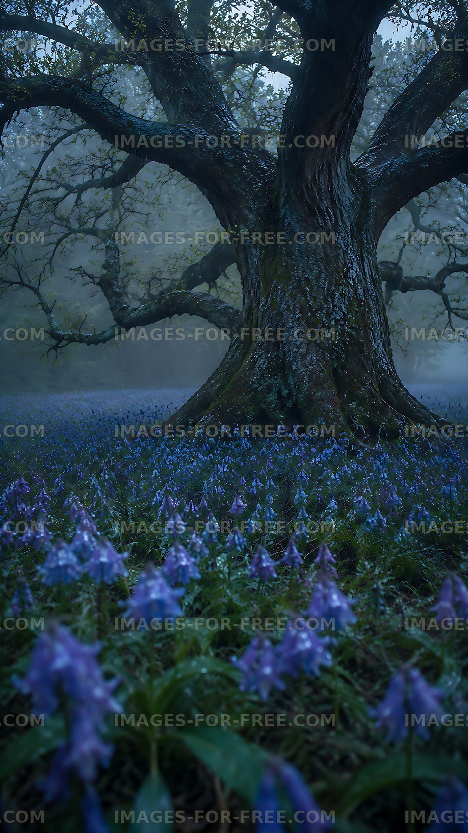 Large tree surrounded by blue flowers in misty forest