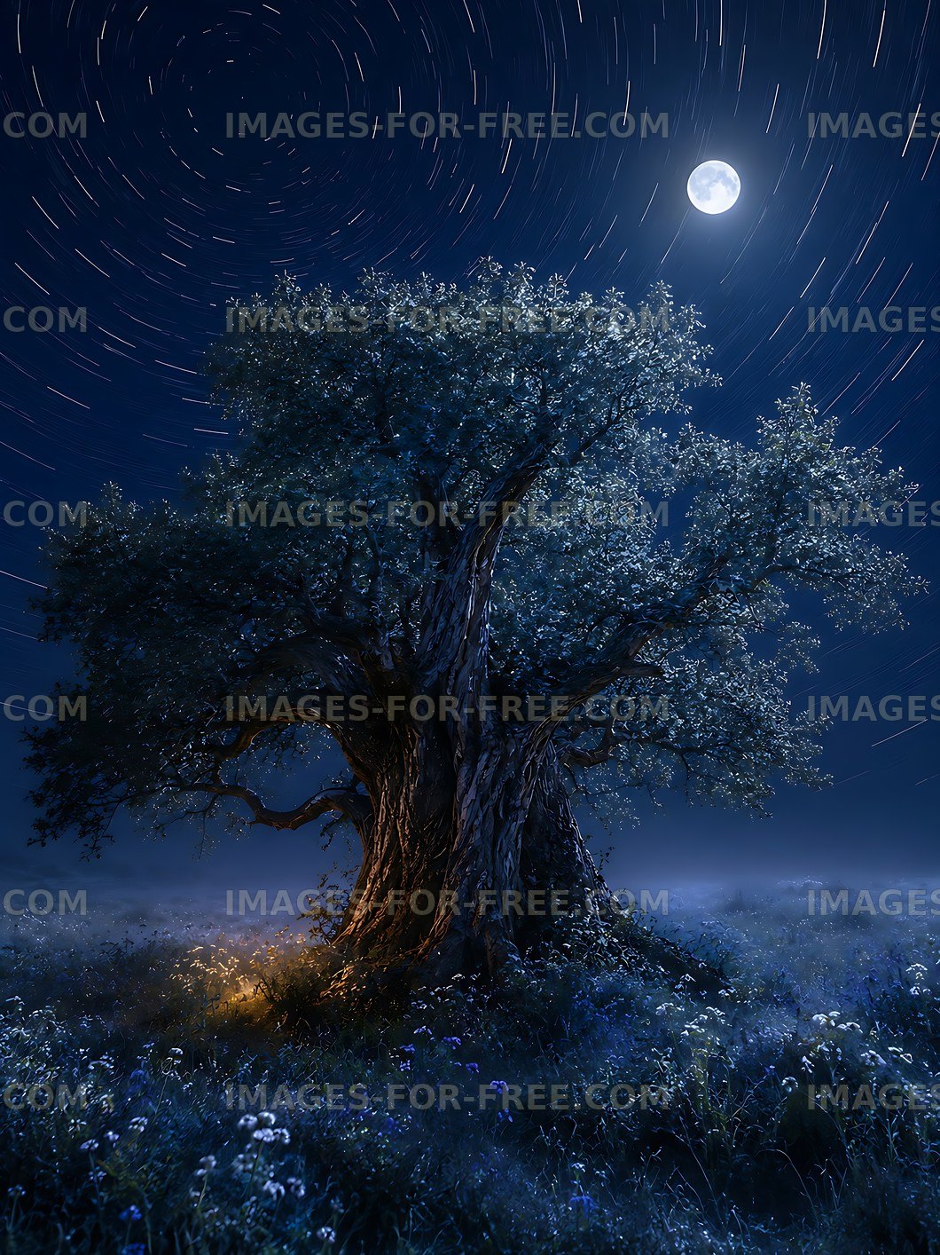 Tree under a bright moon in a night sky with stars