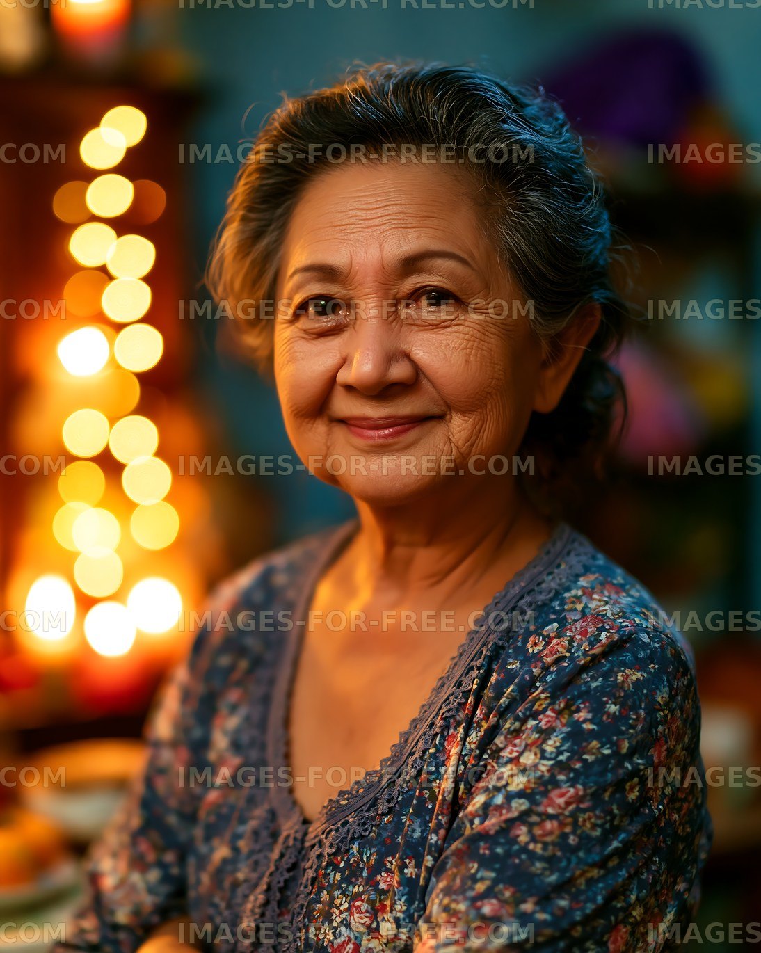 Senior woman smiling in cozy indoor setting with soft lights