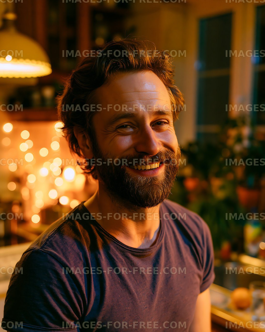 Man smiling in a cozy kitchen with warm lights