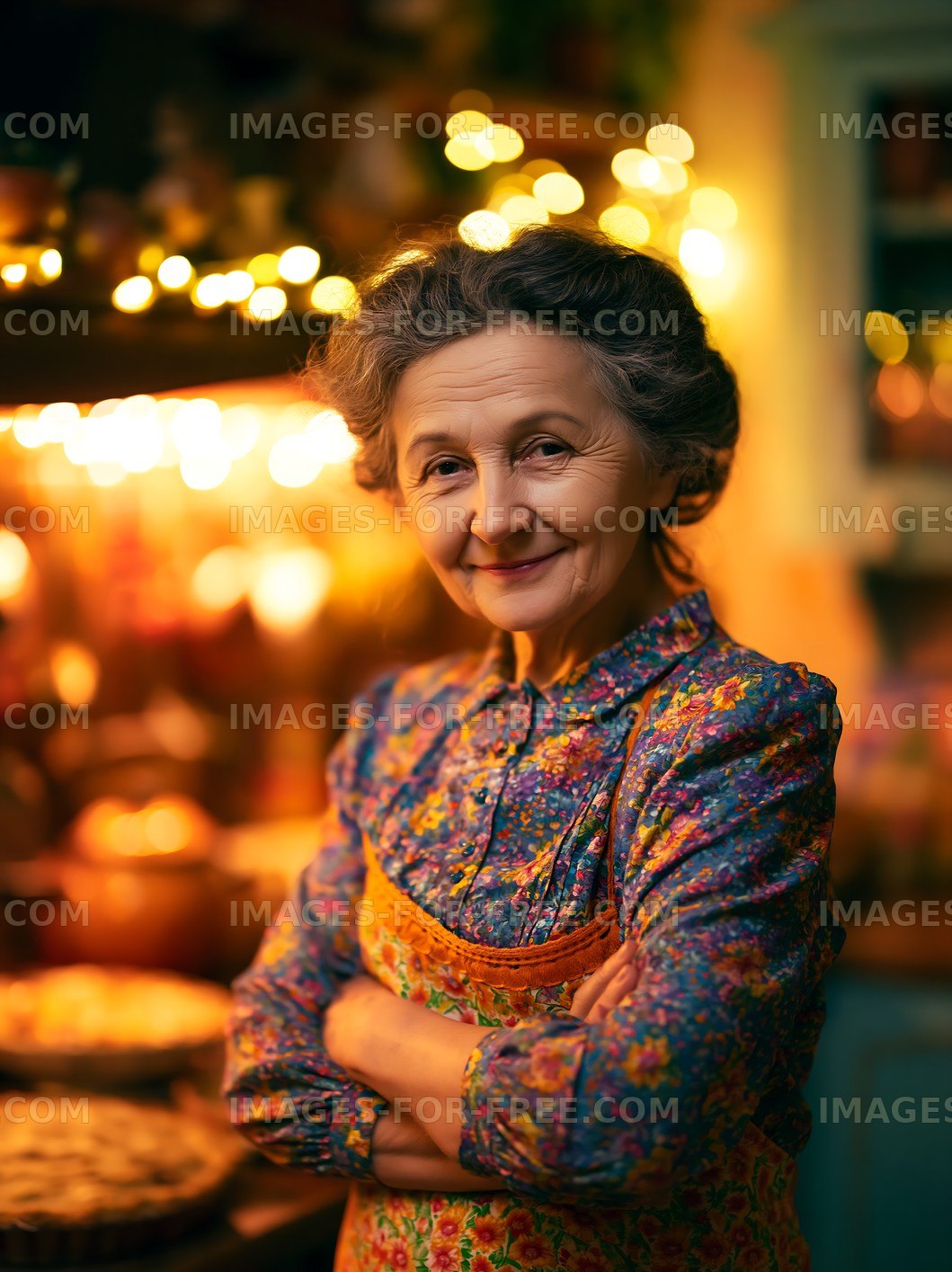 Elderly woman smiling in a cozy kitchen with warm lights