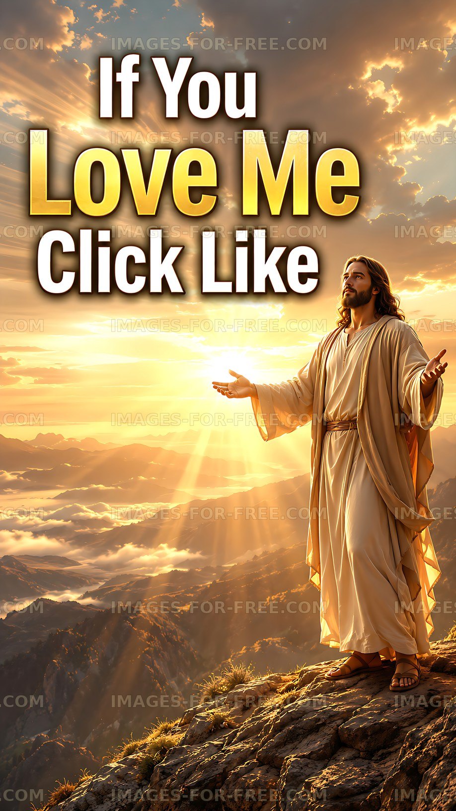 Jesus standing on a mountain with sunlight in the background