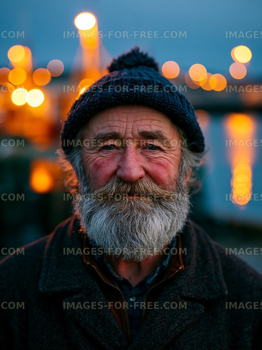 Portrait of man with beard wearing a hat by the waterfront