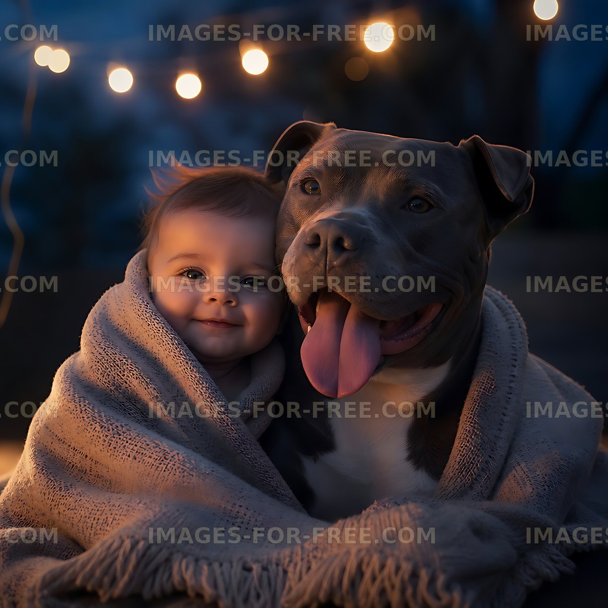 Baby and dog wrapped in a blanket under string lights at night