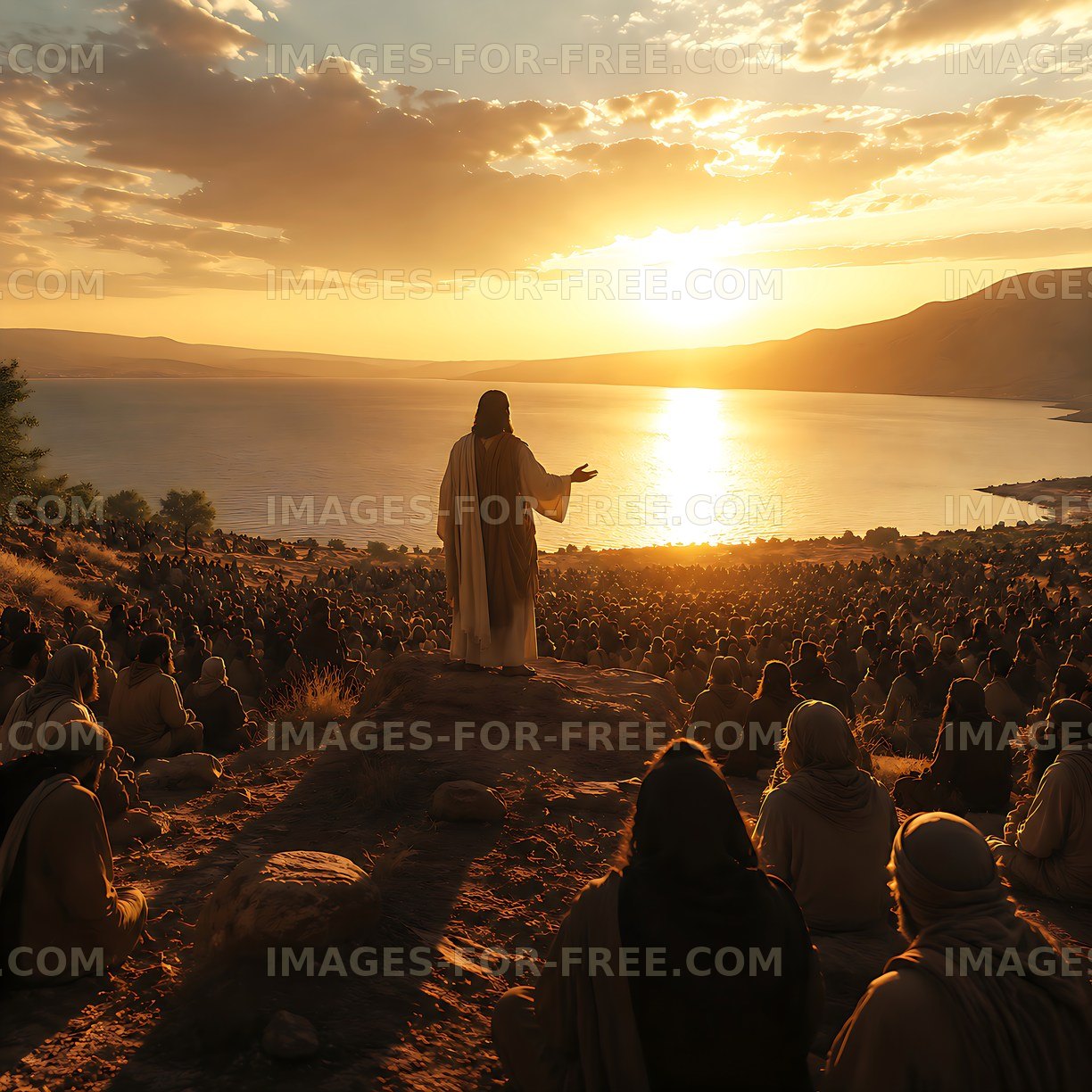 Jesus speaking to a crowd by the sea at sunset