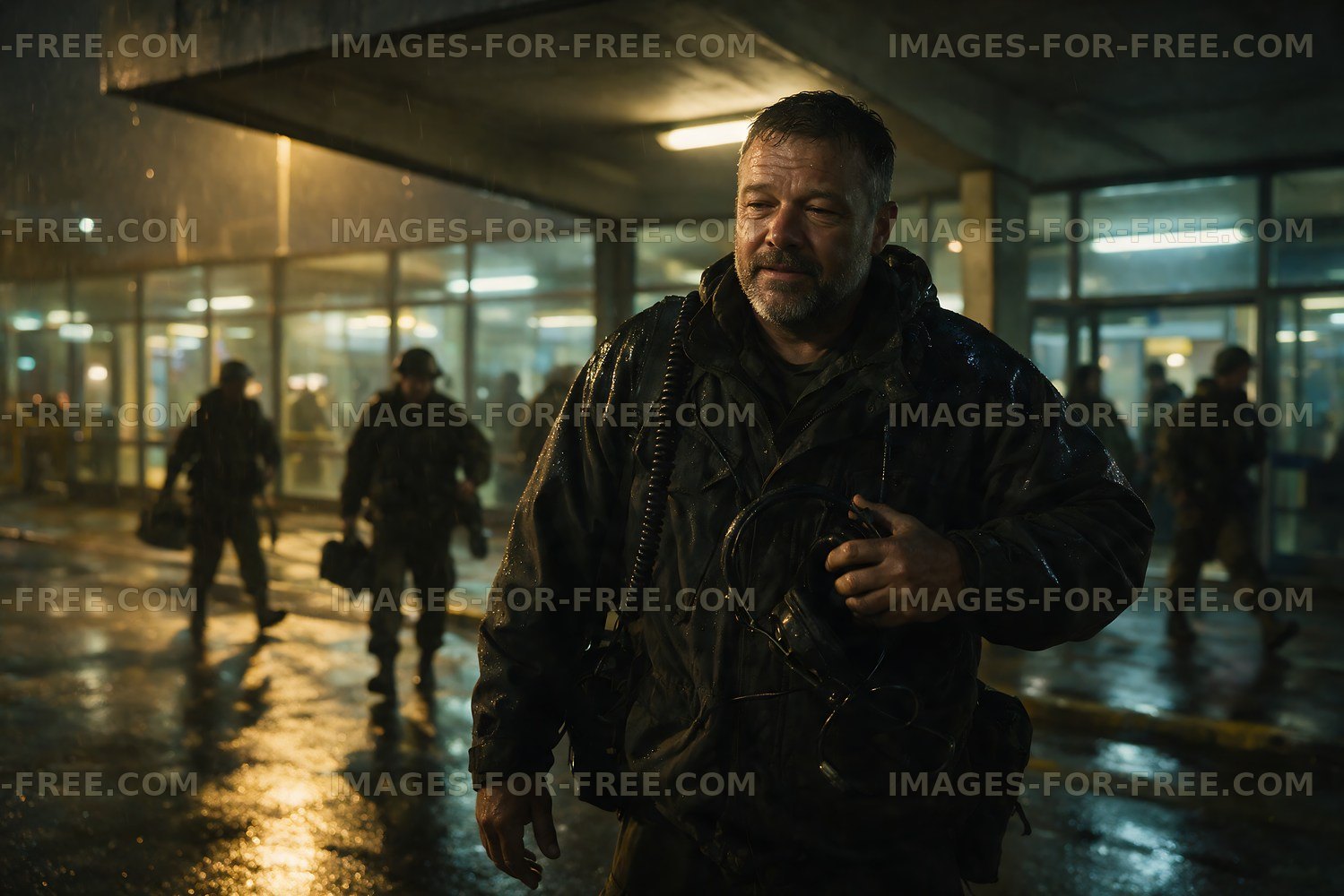 Man in rain-soaked jacket during night scene with soldiers