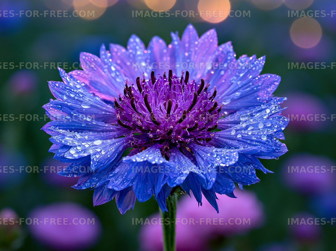 Vibrant blue flower with droplets in a garden