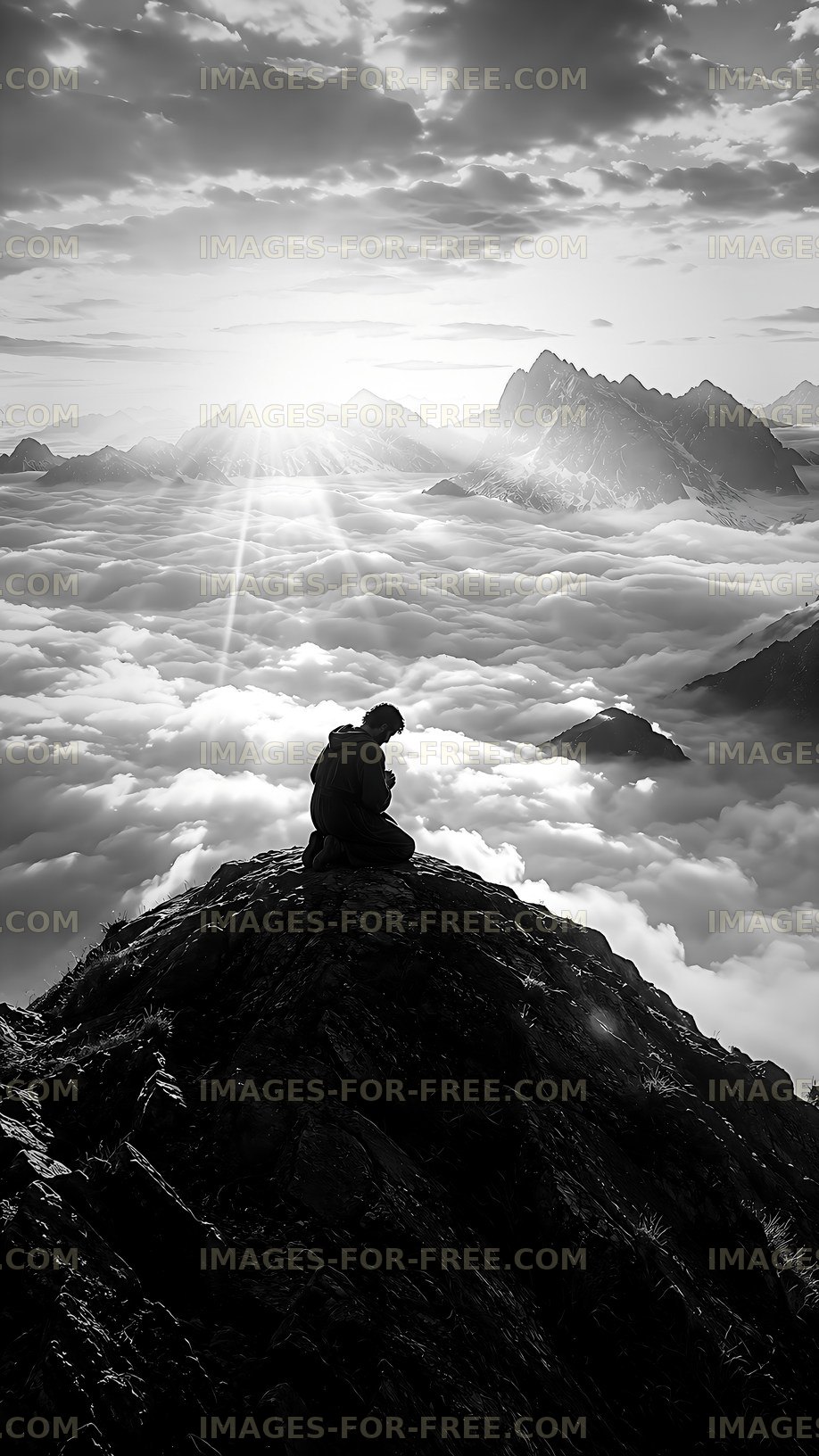 Man sitting on a mountain peak above the clouds at sunrise