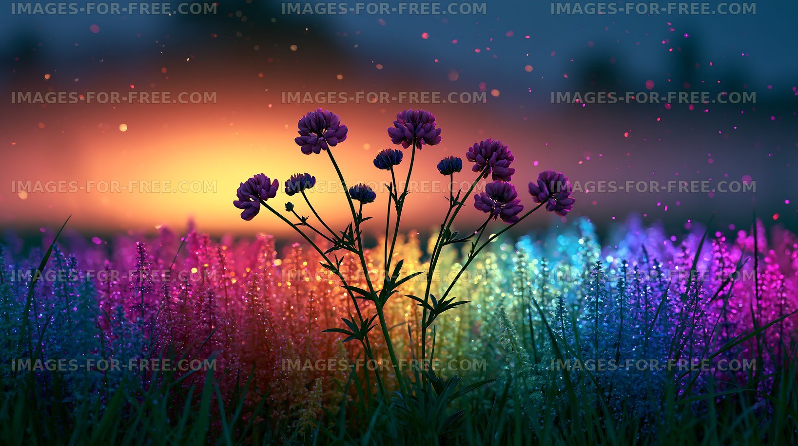 Colorful flowers with glowing background at sunset