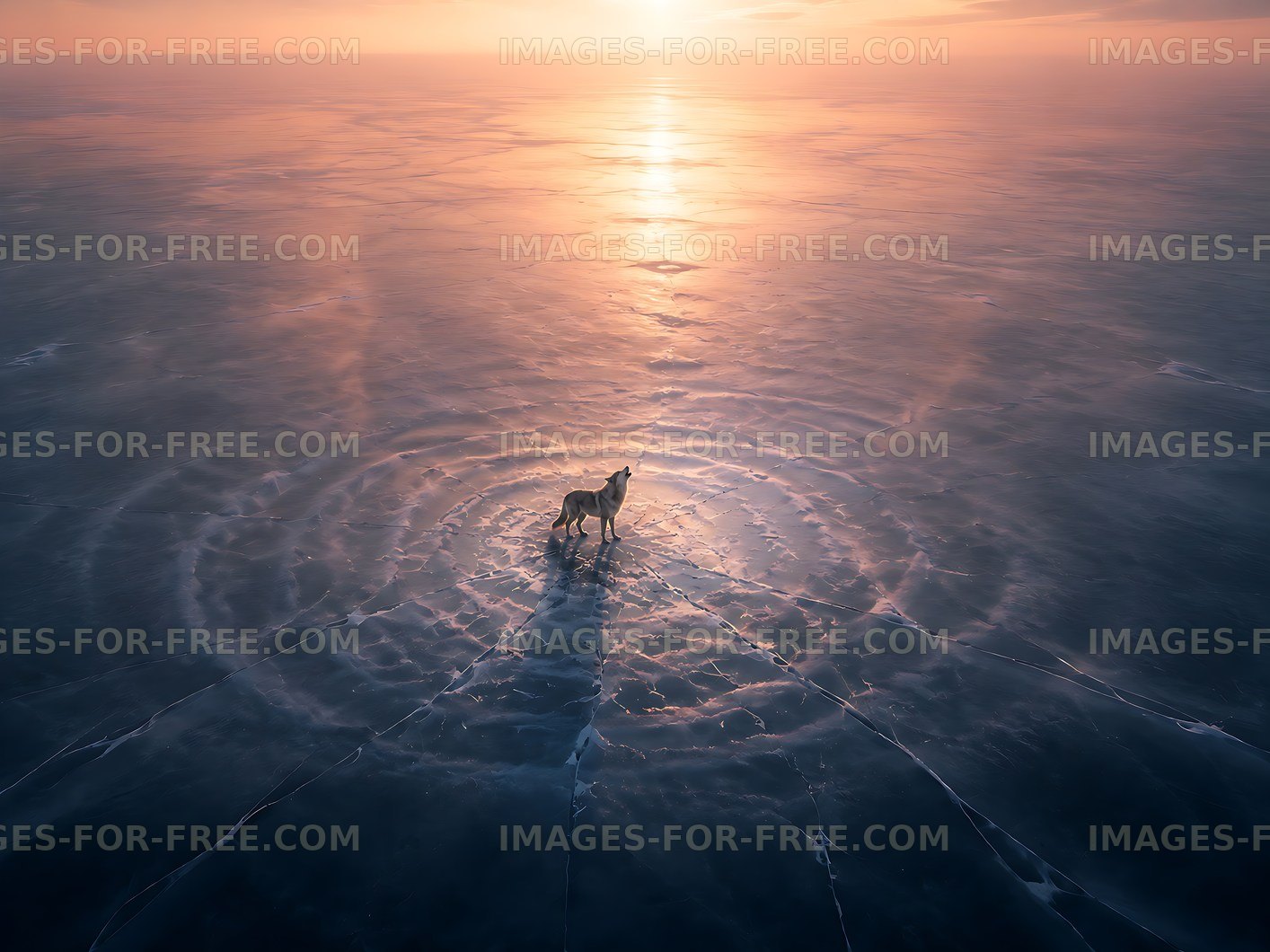Solo wolf standing on ice during sunset