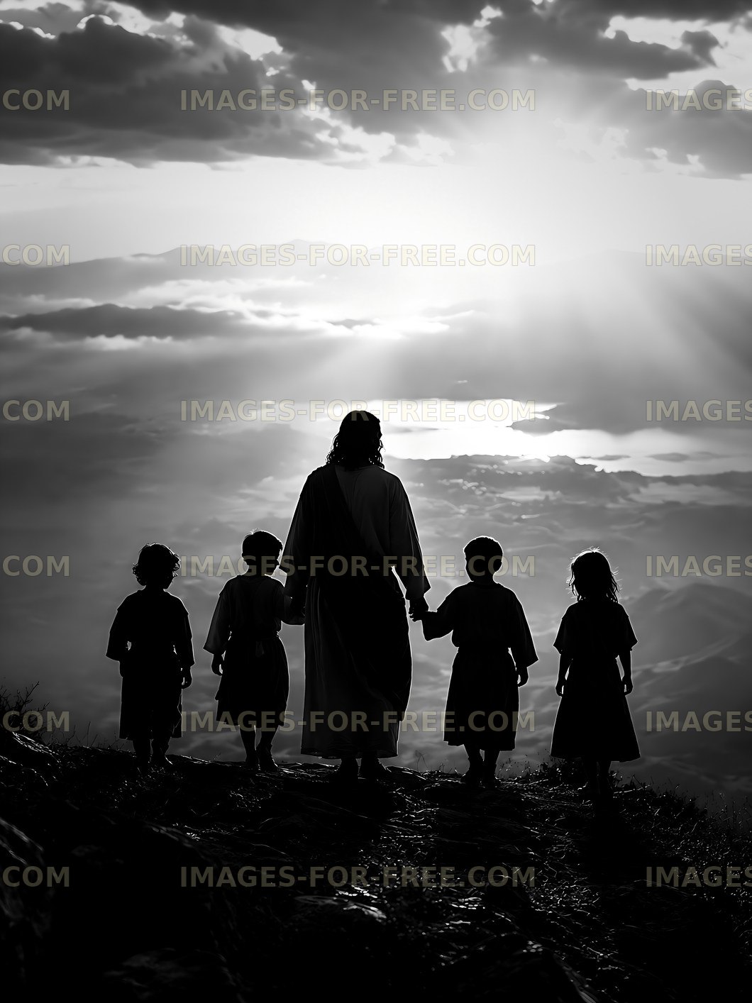 Silhouette of a figure and children against a cloudy sky