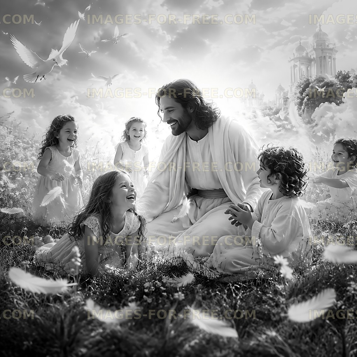 Children playing with Jesus in a serene garden setting