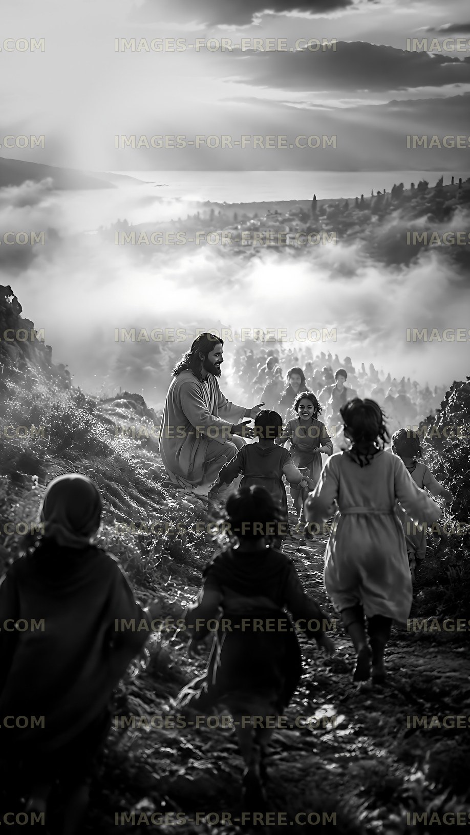 Children running towards a figure on a hillside