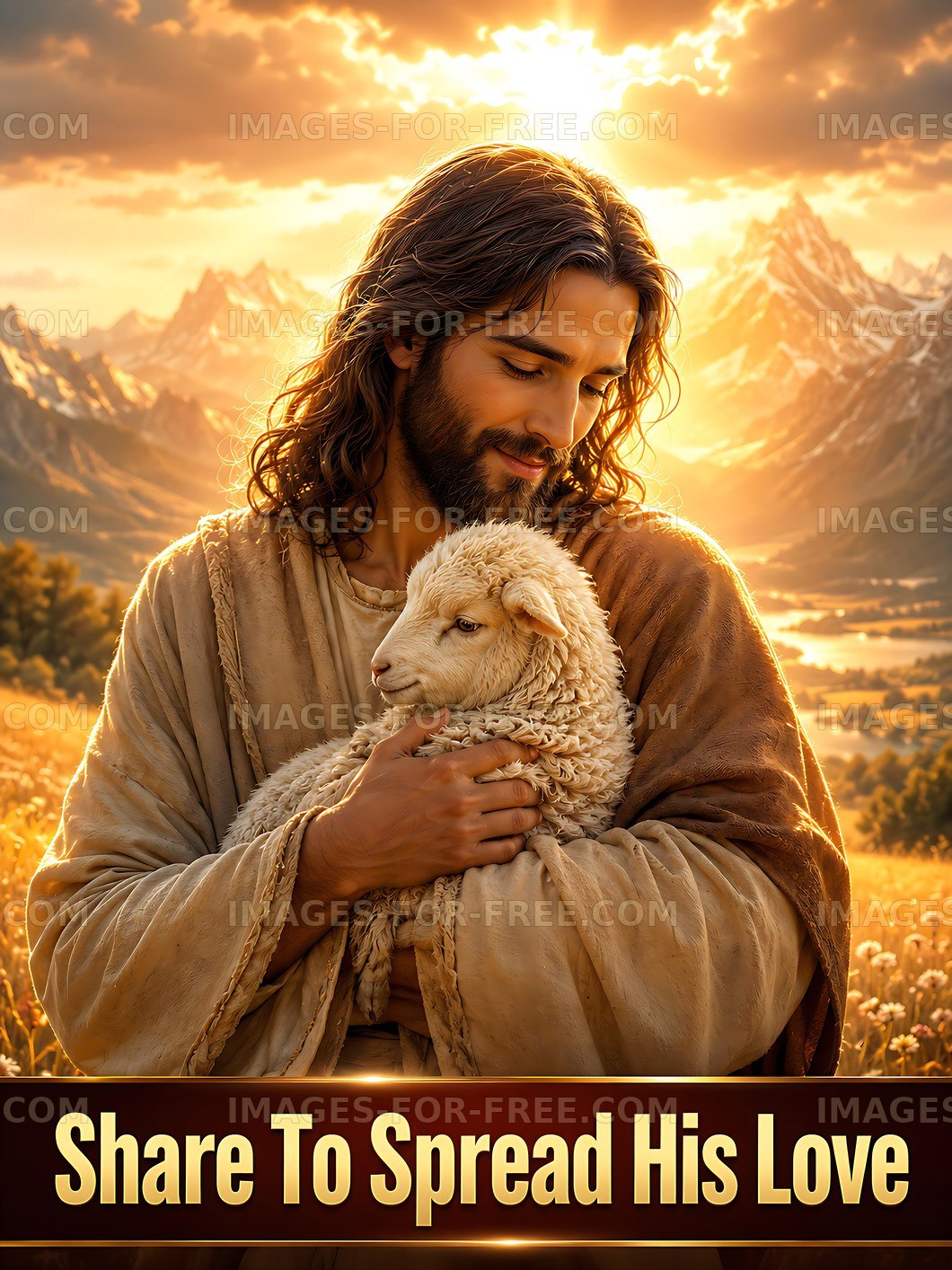 Man holding a sheep in a sunset landscape with mountains