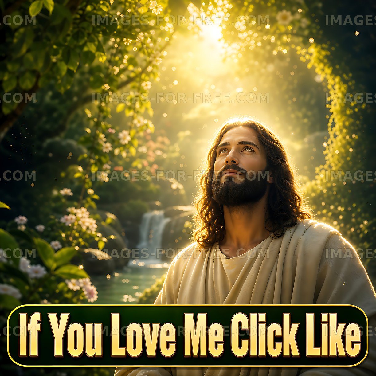 Jesus in a sunlit forest setting with flowing water