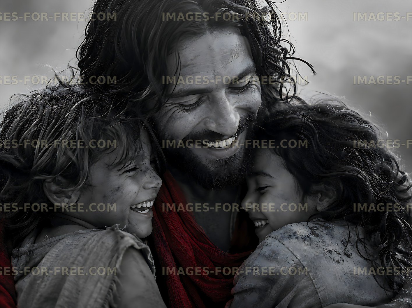 Father hugs children with smiles in a dusty outdoor setting