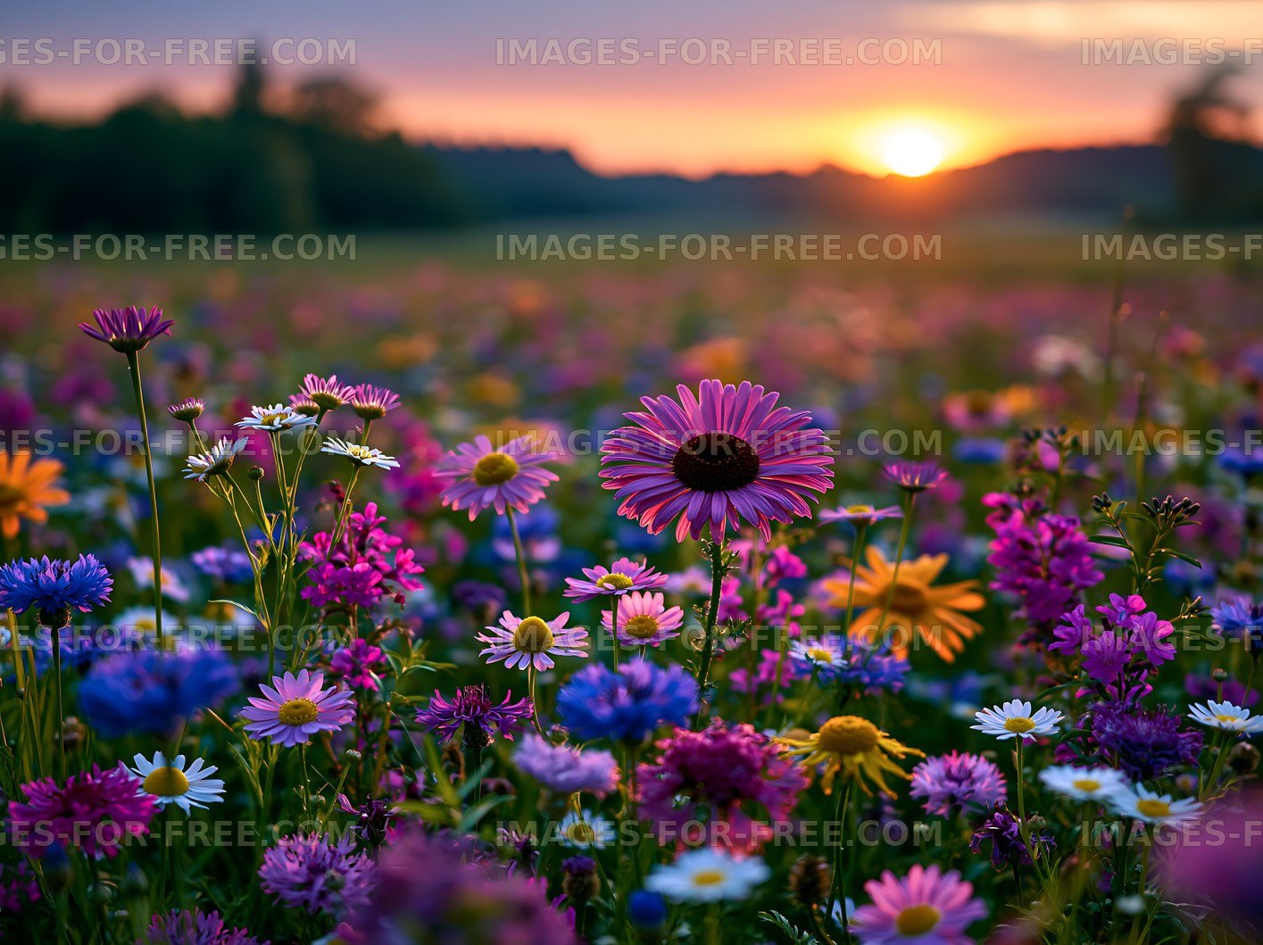 Colorful flowers blooming in a field at sunset
