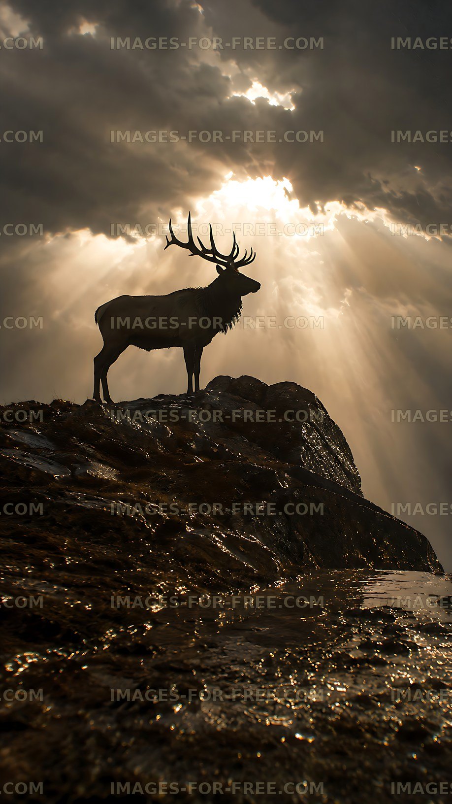Stag stands atop a rock with sunlight breaking through clouds