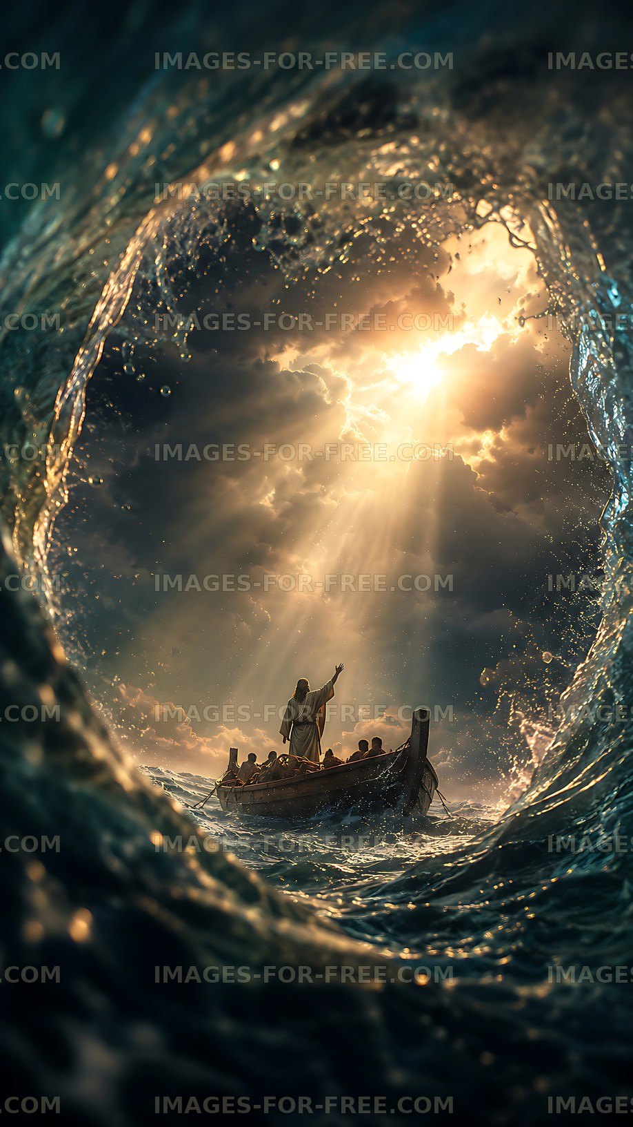 Man in boat with followers under dramatic sky and ocean wave