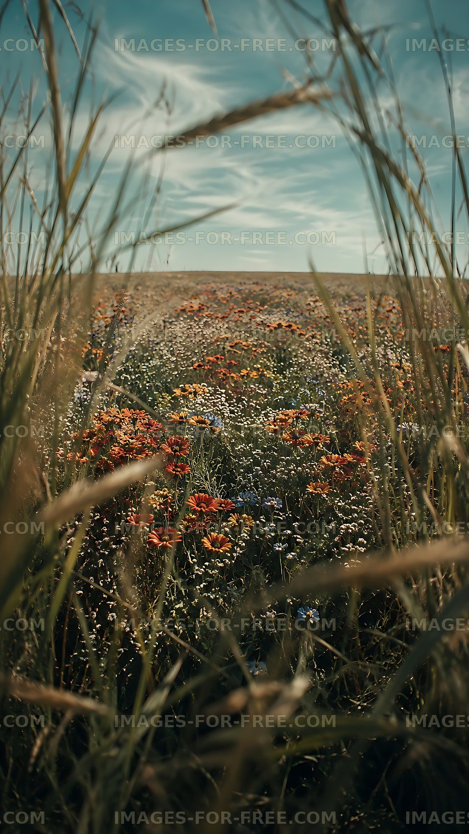 Colorful wildflowers in a field under a blue sky