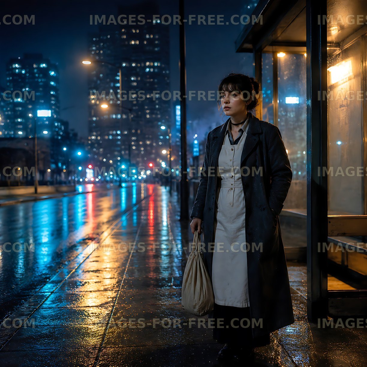 Woman waiting at bus stop on rainy night in urban setting