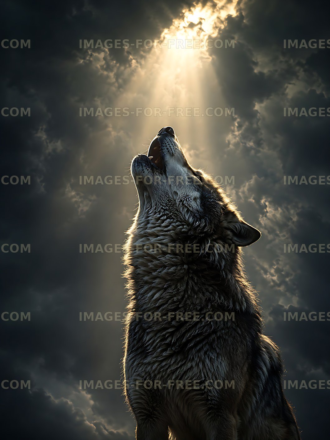 Wolf howling under a beam of light in dark clouds