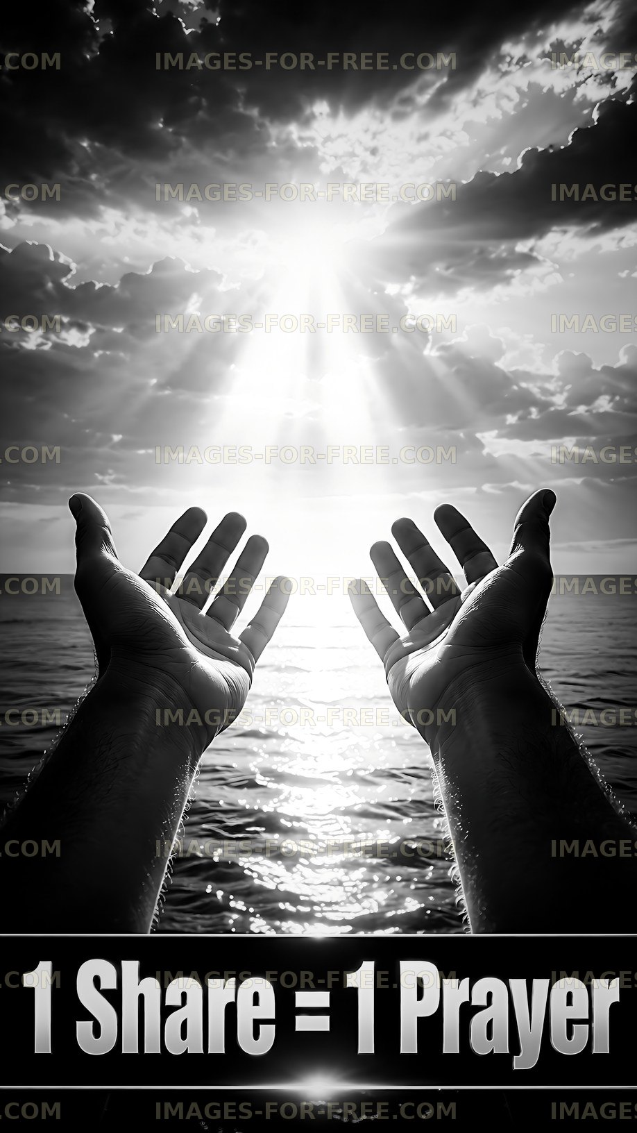 Hands reaching out against a bright sky over water