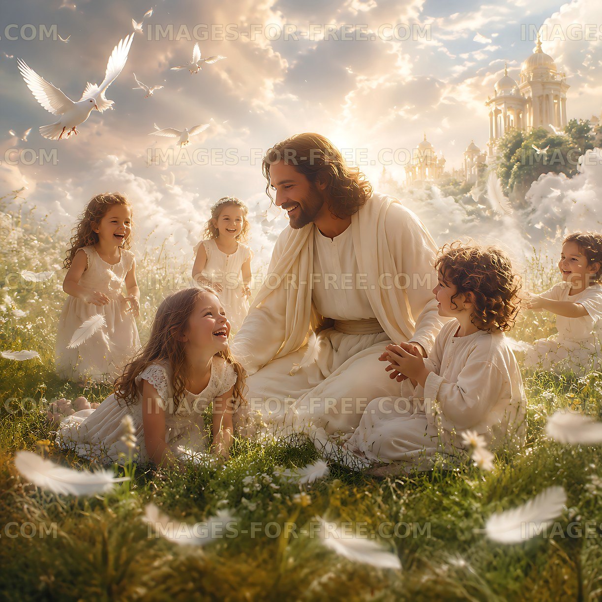 Children laughing and playing with man in white robe in field