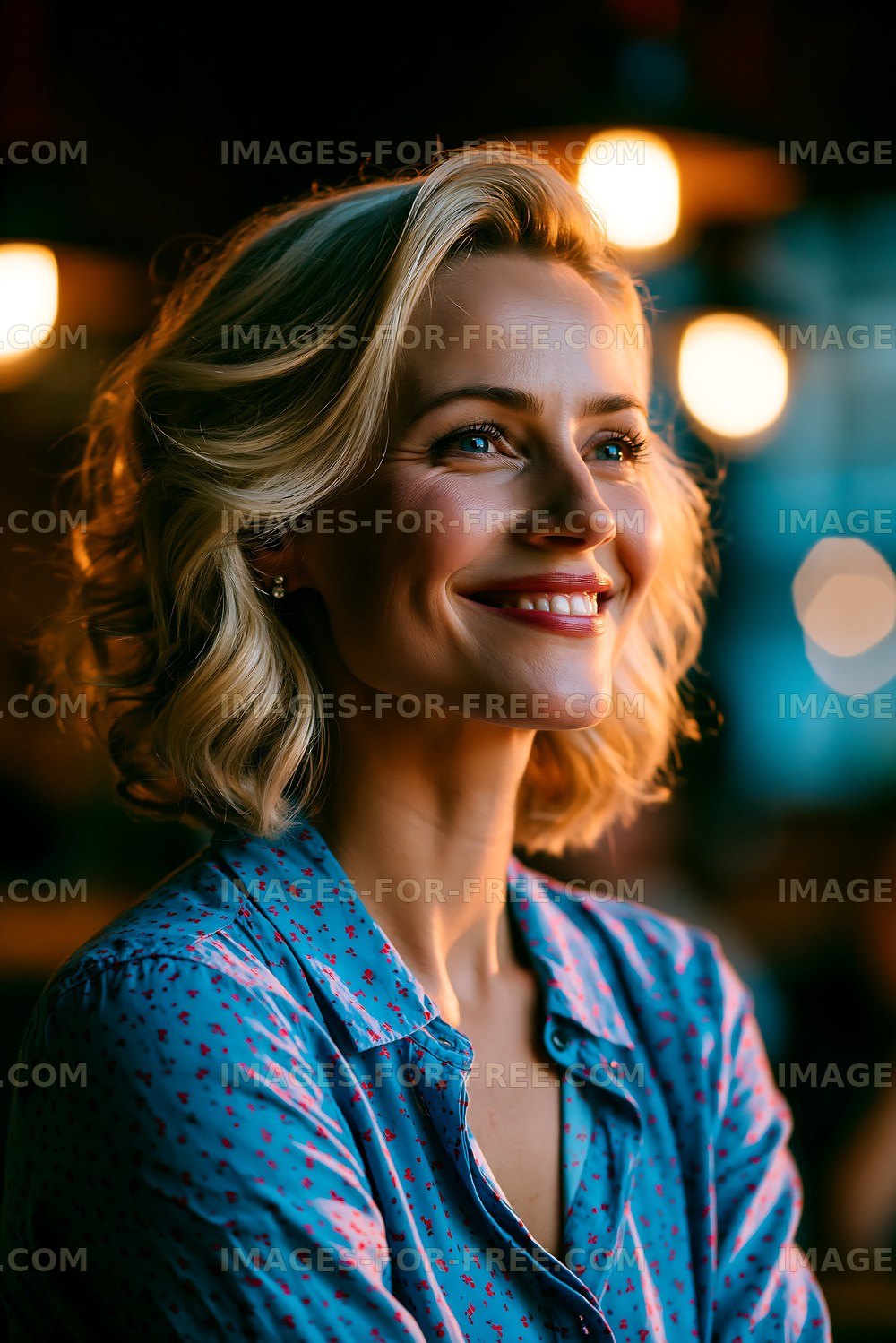 Smiling woman with blonde hair in a cozy cafe setting