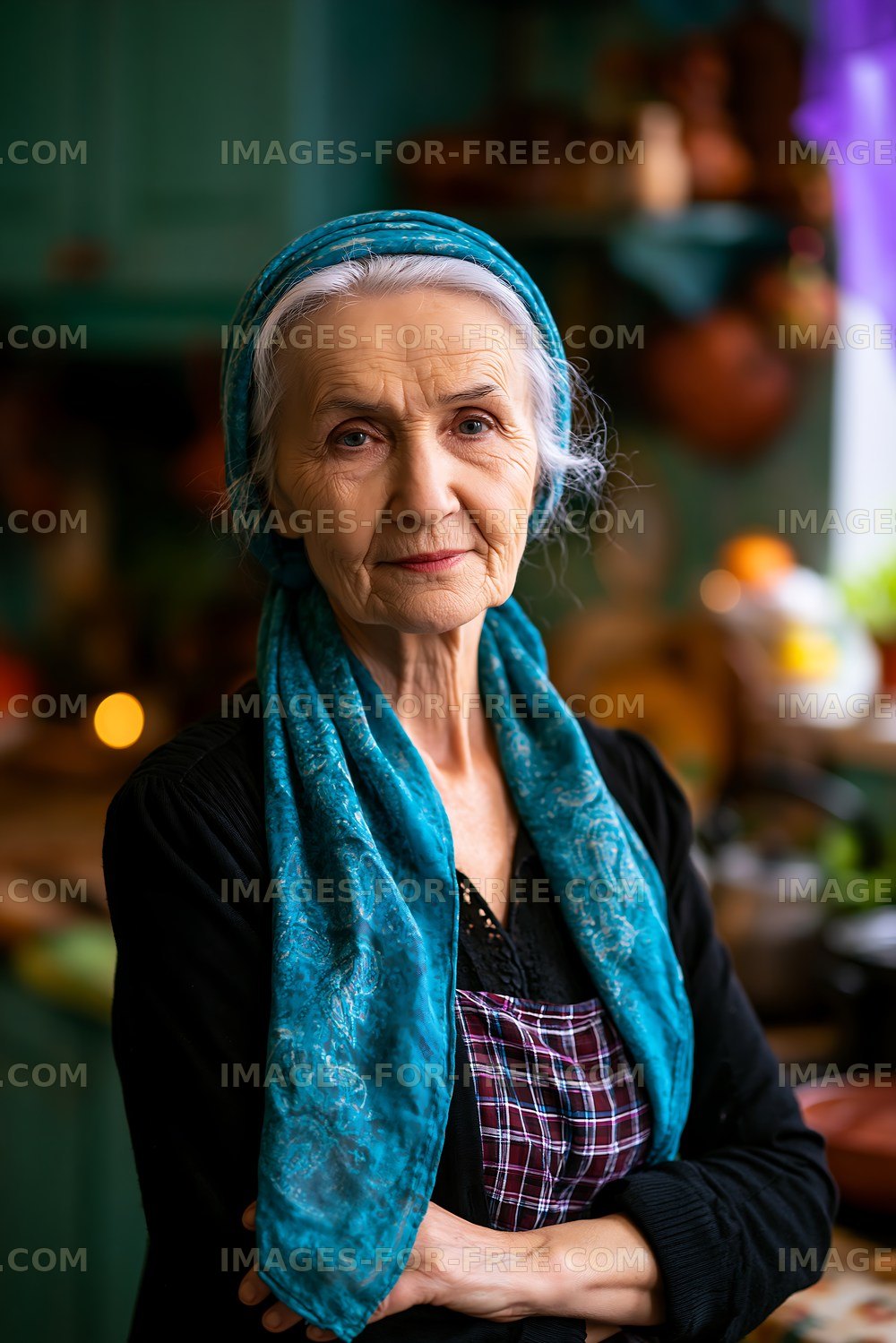 Elderly woman in blue scarf stands in cozy kitchen