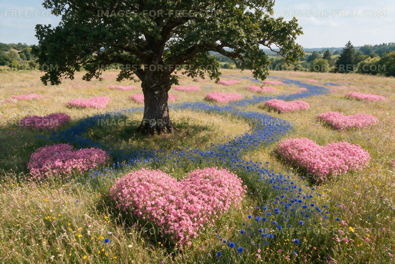 Heart-shaped flower arrangements in a meadow