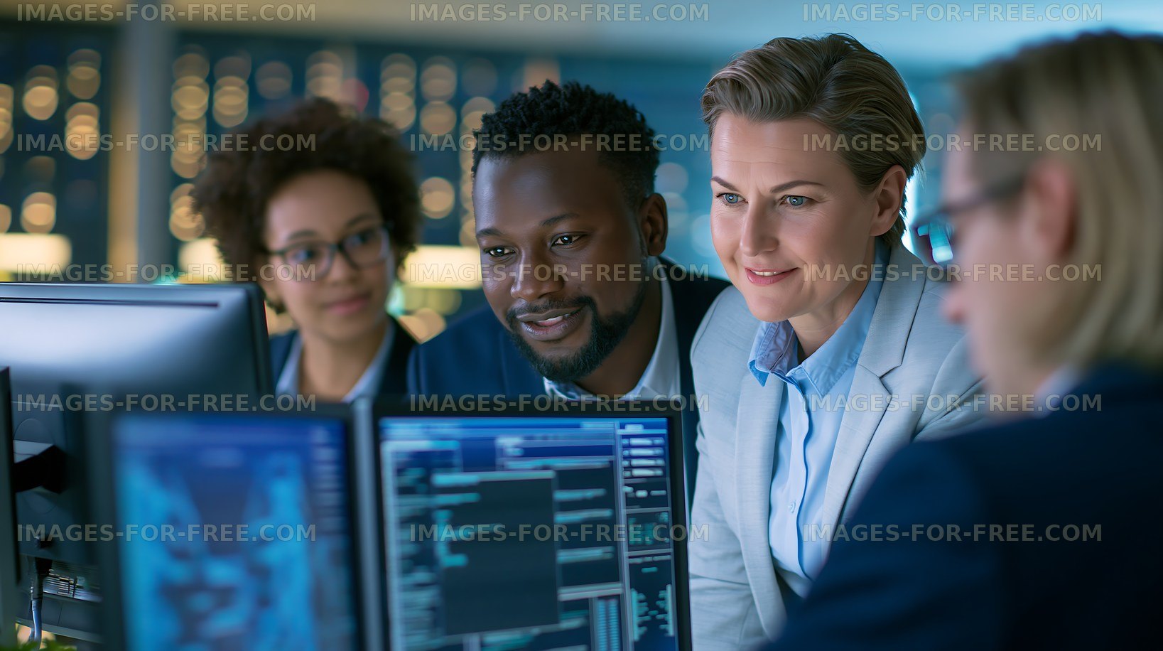 Business team collaborating on project in modern office