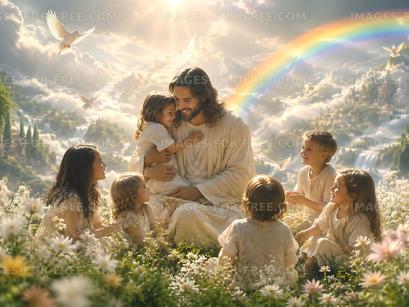 Children playing with figure in a field of flowers under a rainbow