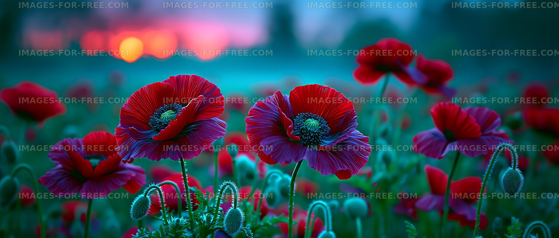 Vibrant poppy flowers in a field at sunset